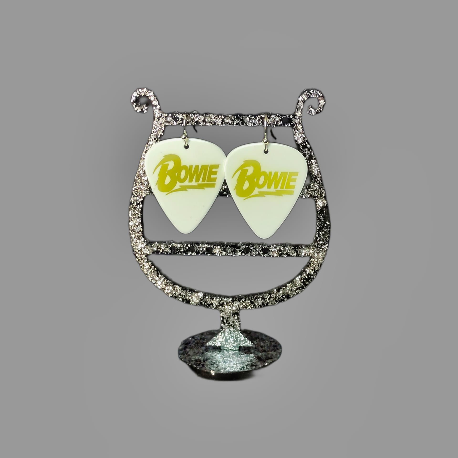 David Bowie Gold Logo Guitar Pick Earrings