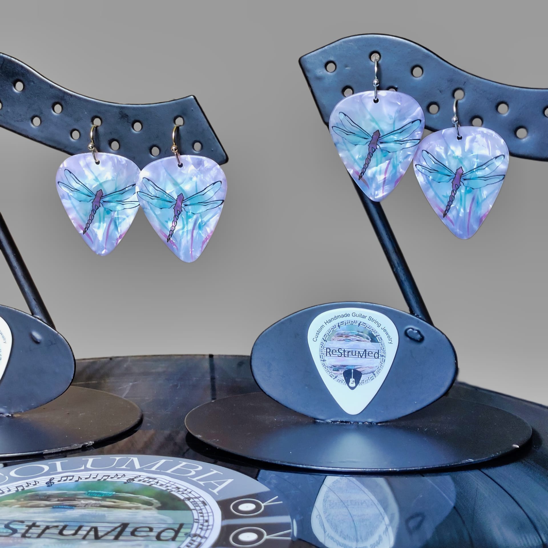 Dragonfly Guitar Pick Earrings in Pink - Image 2