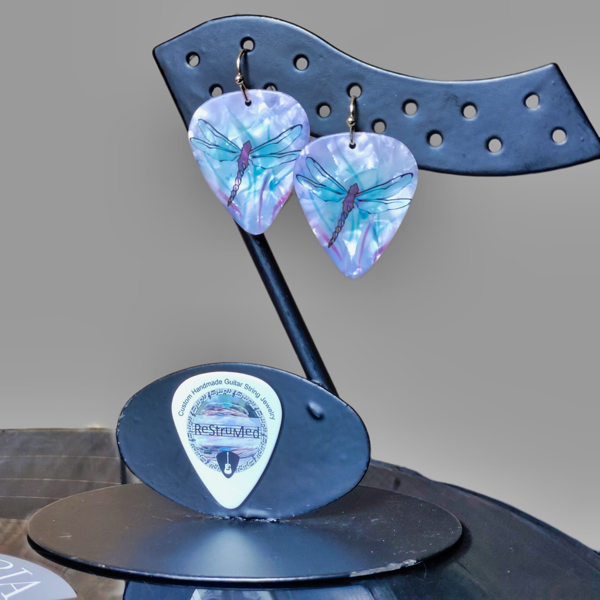 Dragonfly Guitar Pick Earrings in Pink - Image 8