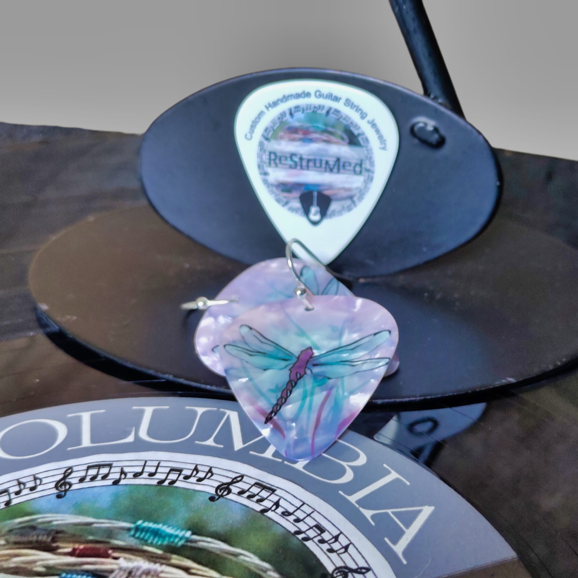 Dragonfly Guitar Pick Earrings in Pink - Image 7