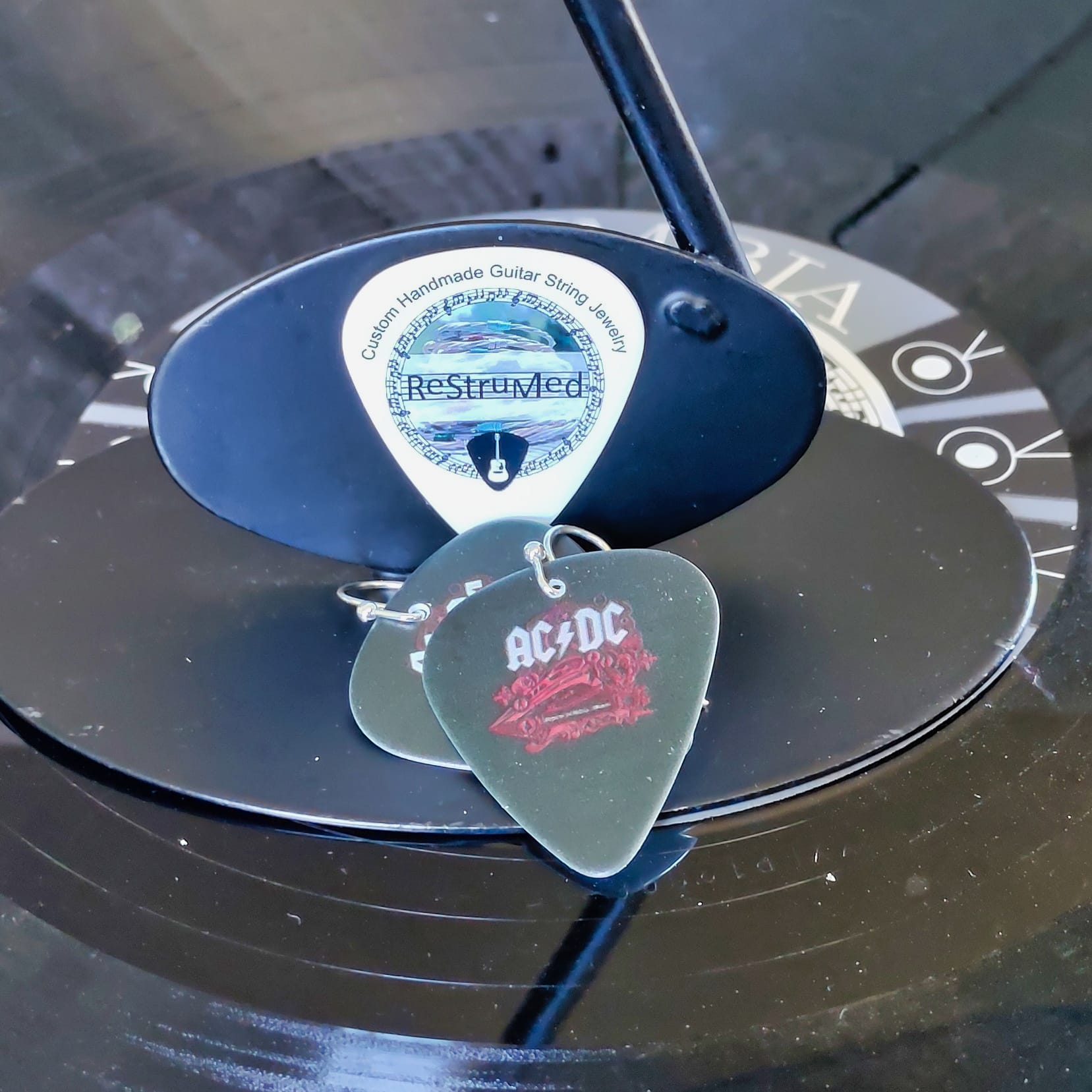 ACDC Guitar Pick Earrings with Rock and Roll Train - Image 2