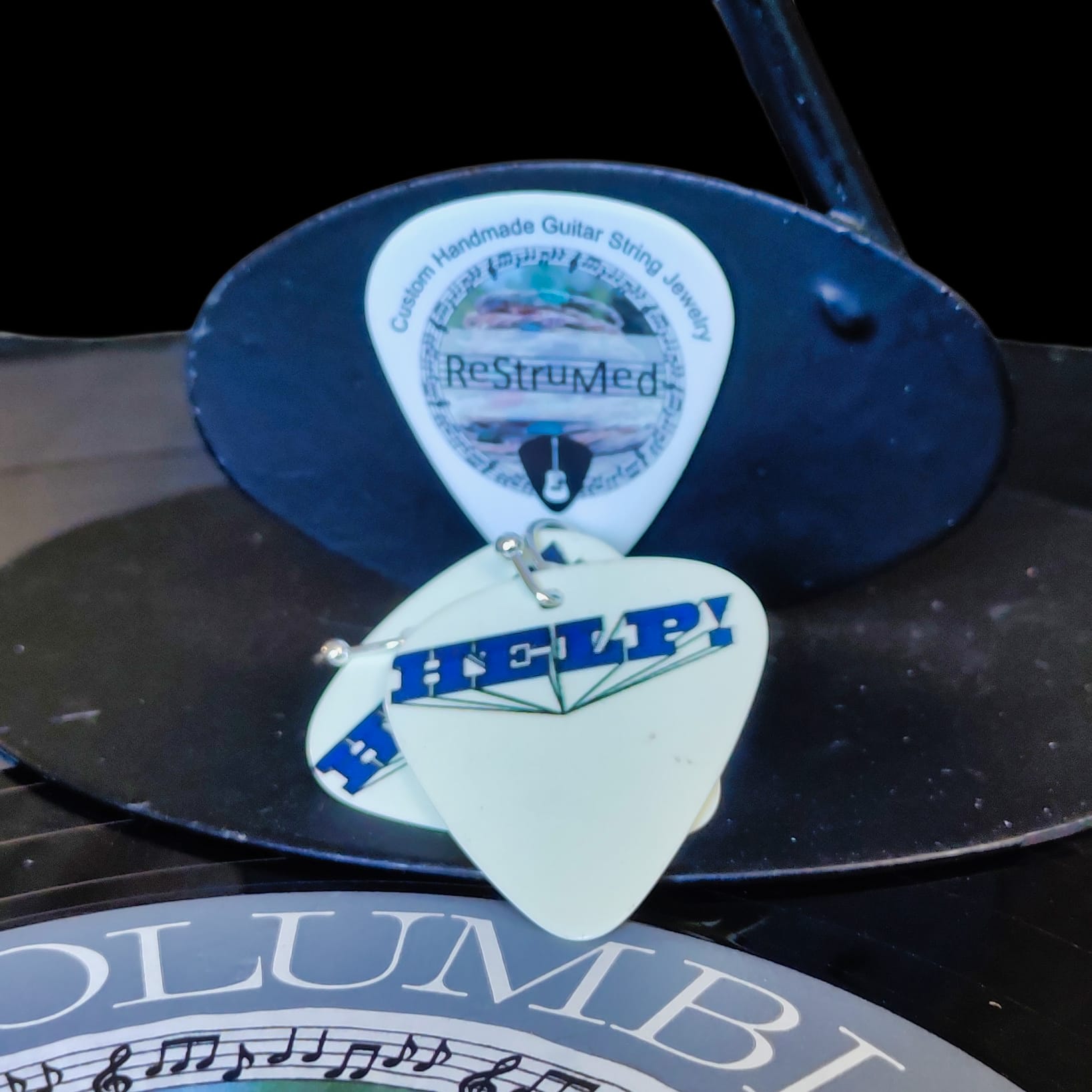 The Beatles "Help" Guitar Pick Earrings - Image 2