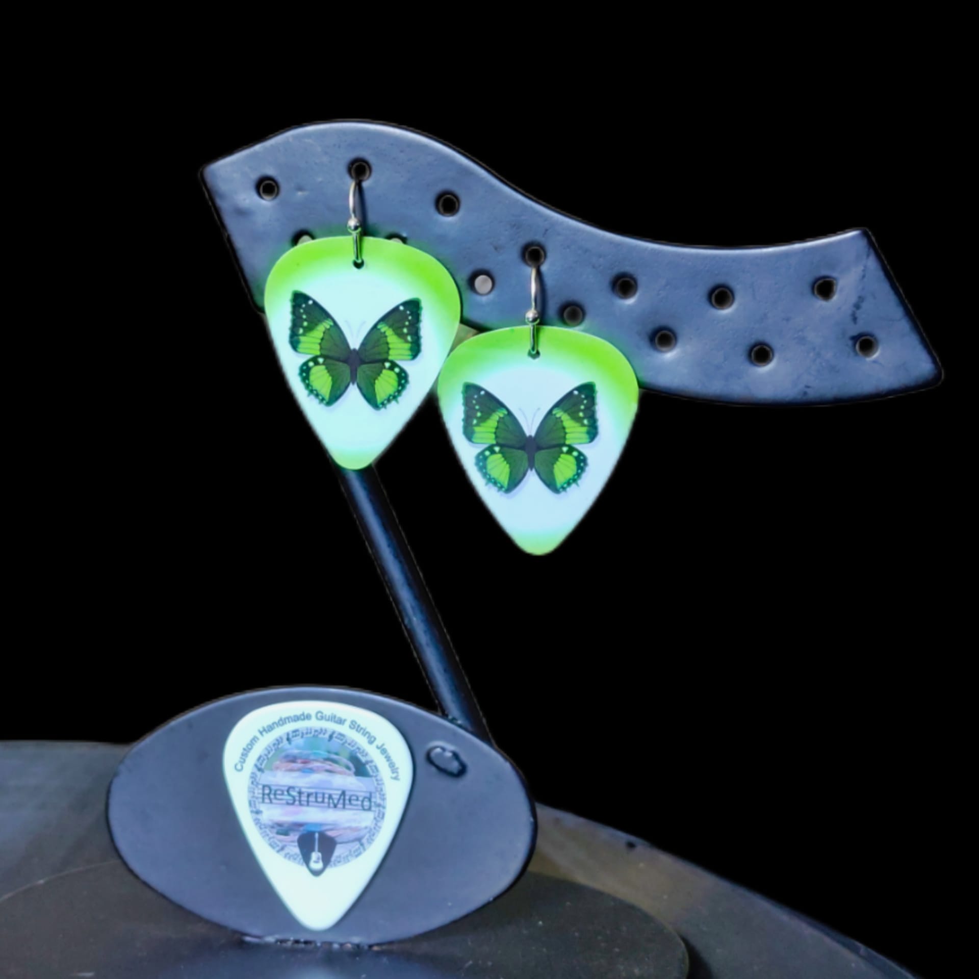 Butterfly Guitar Pick Earrings with a green edge