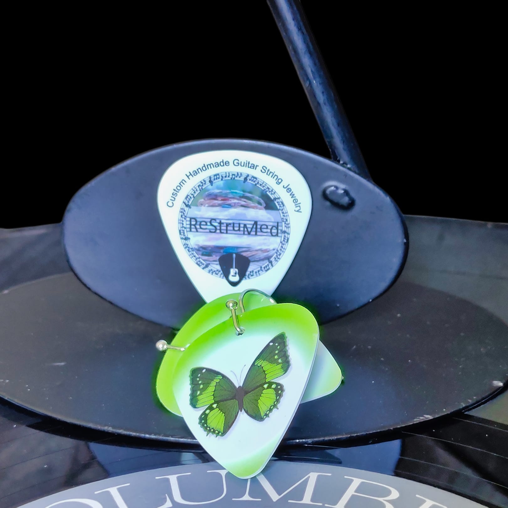 Butterfly Guitar Pick Earrings with a green edge - Image 7