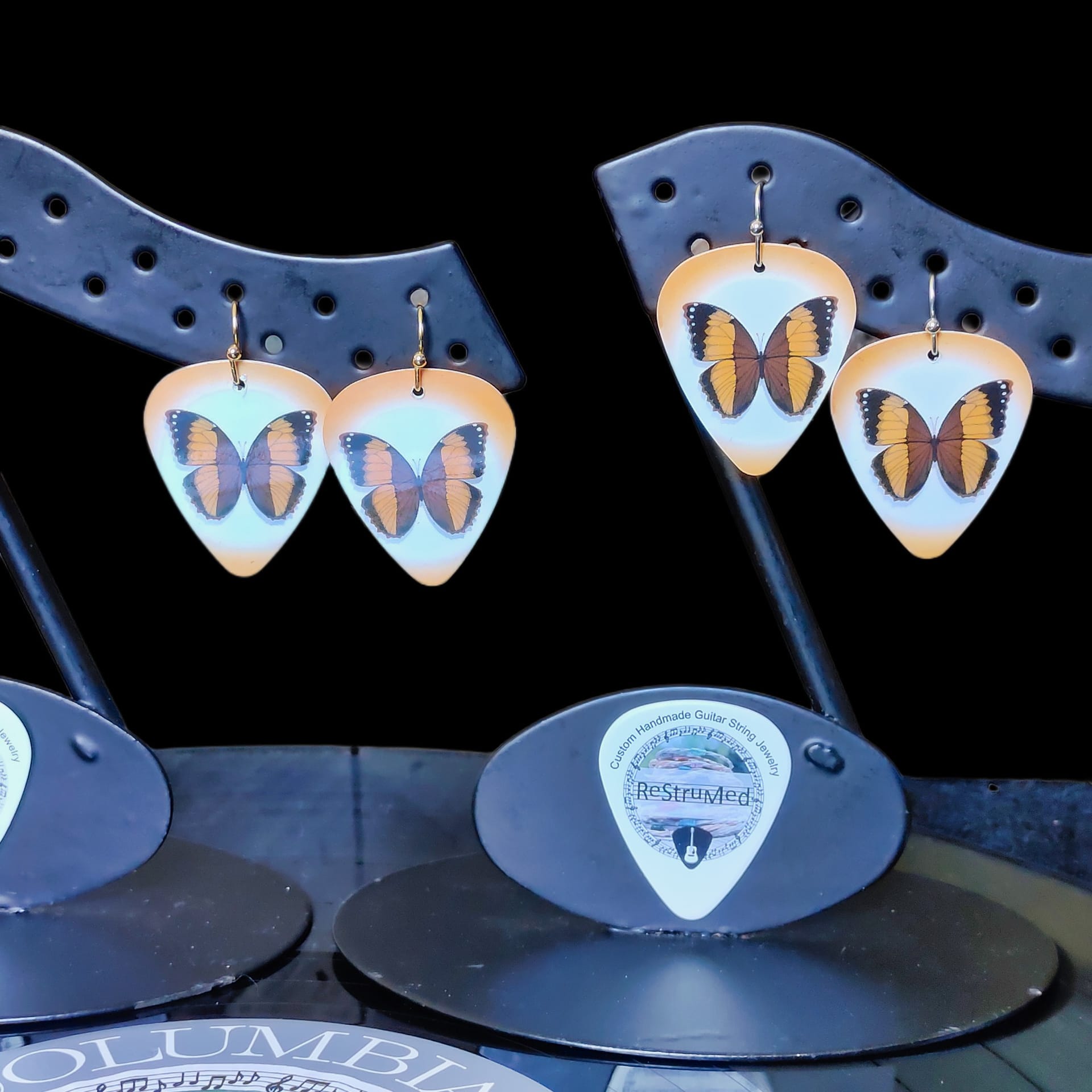 Butterfly Guitar Pick Earrings with an orange edge - Image 2