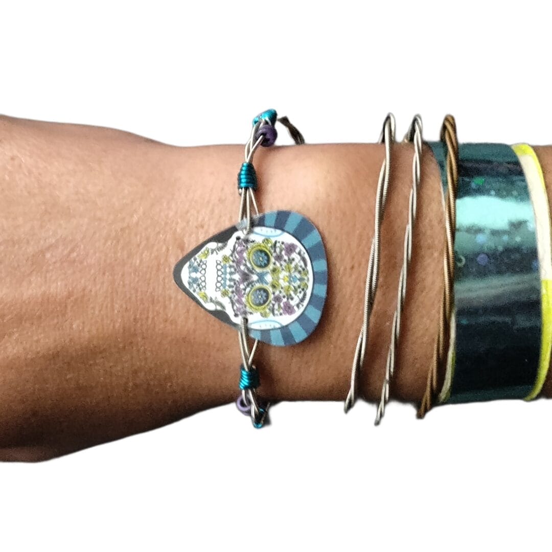 Recycled Guitar String Bracelet with Dia de los Muertos by Restrumed - Image 9